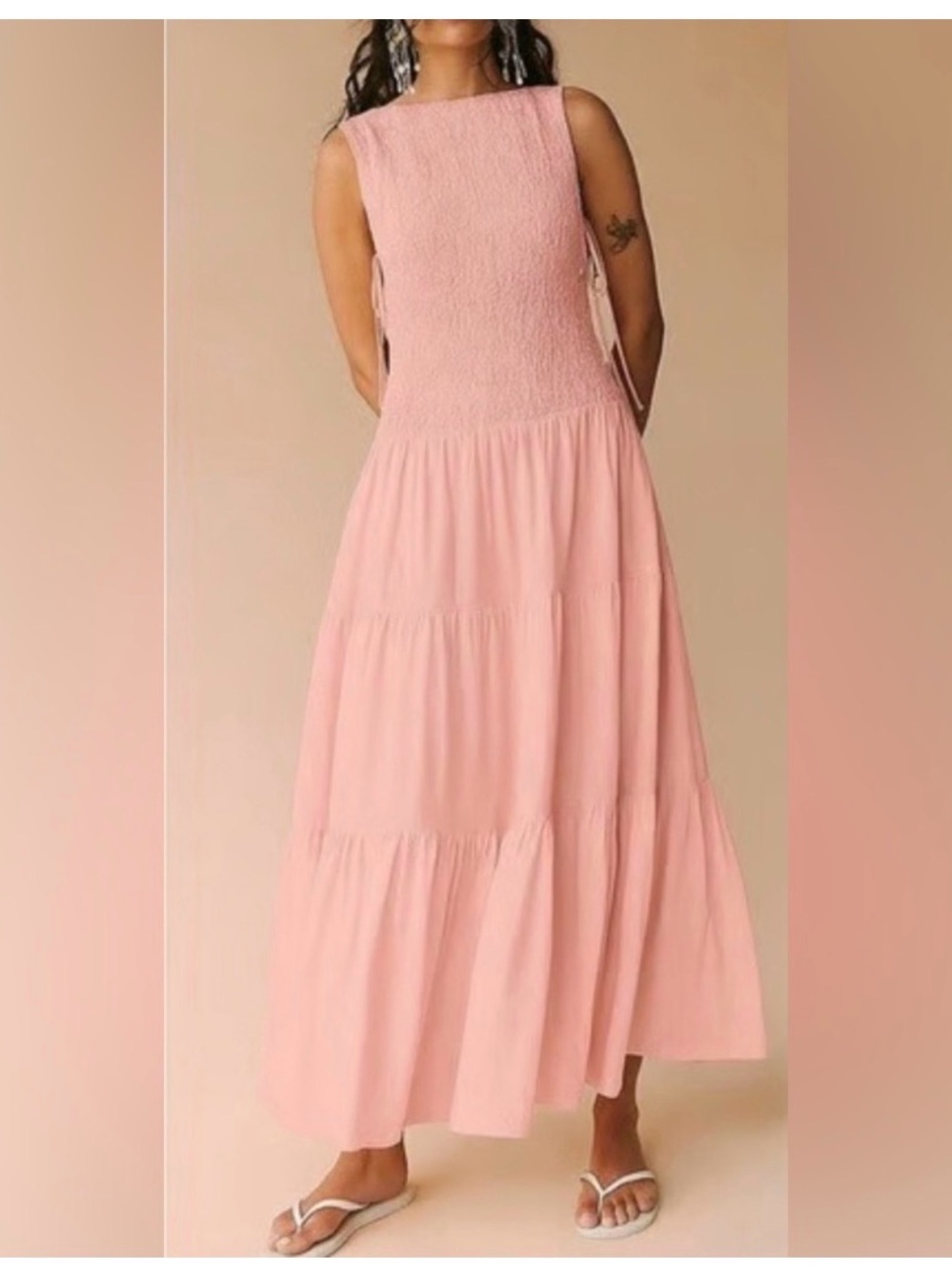 Free People Sterling Smocked Side Tie Maxi Dress. NWT. Pink chalk